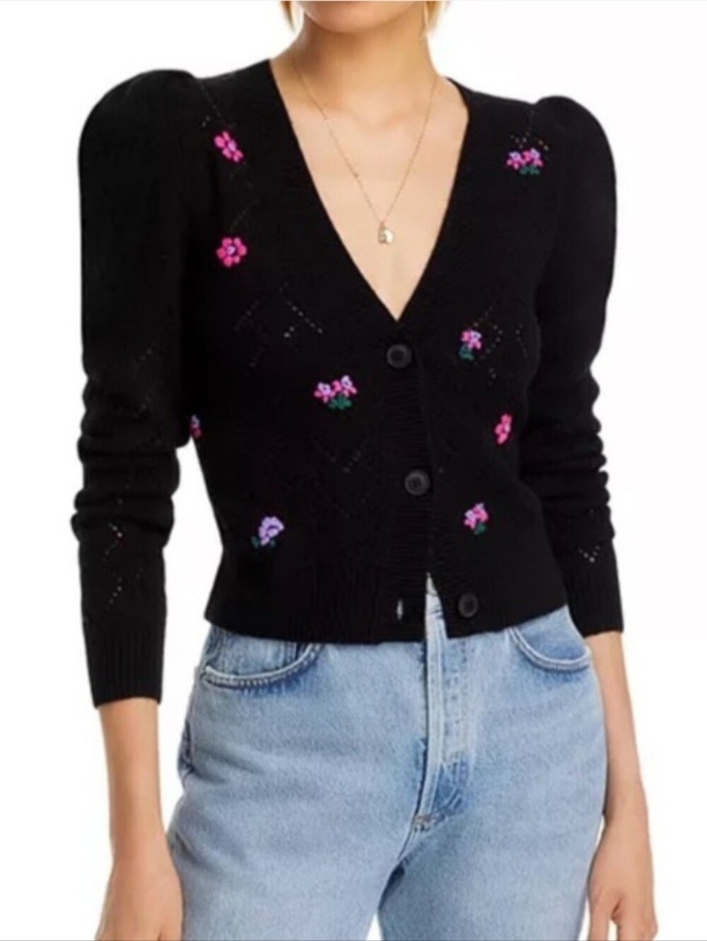 AQUA Cashmere 100% Cashmere V-Neck Button Front Floral Cardigan Sweater XS
